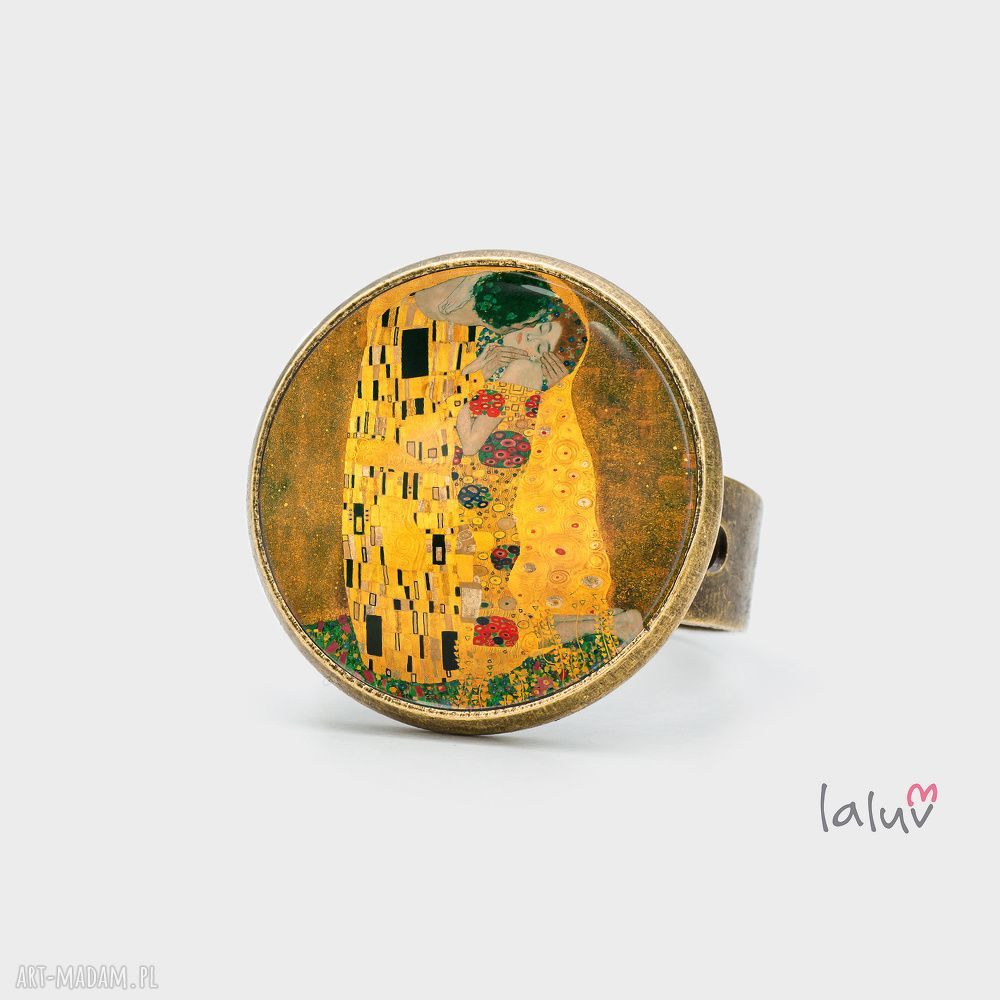 Pierścionek Kiss Klimt regulowany - antyczne złoto, ręcznie robiony