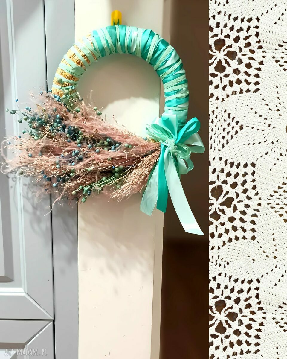 Romantyczny kobiecy wianek z lnu i suszonych traw - turkus i róż (30 cm)