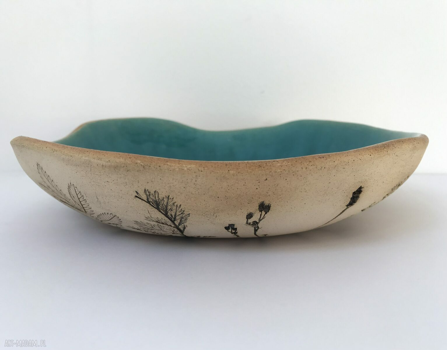 Roślinna miseczka ceramiczna z turkusowym szkliwem