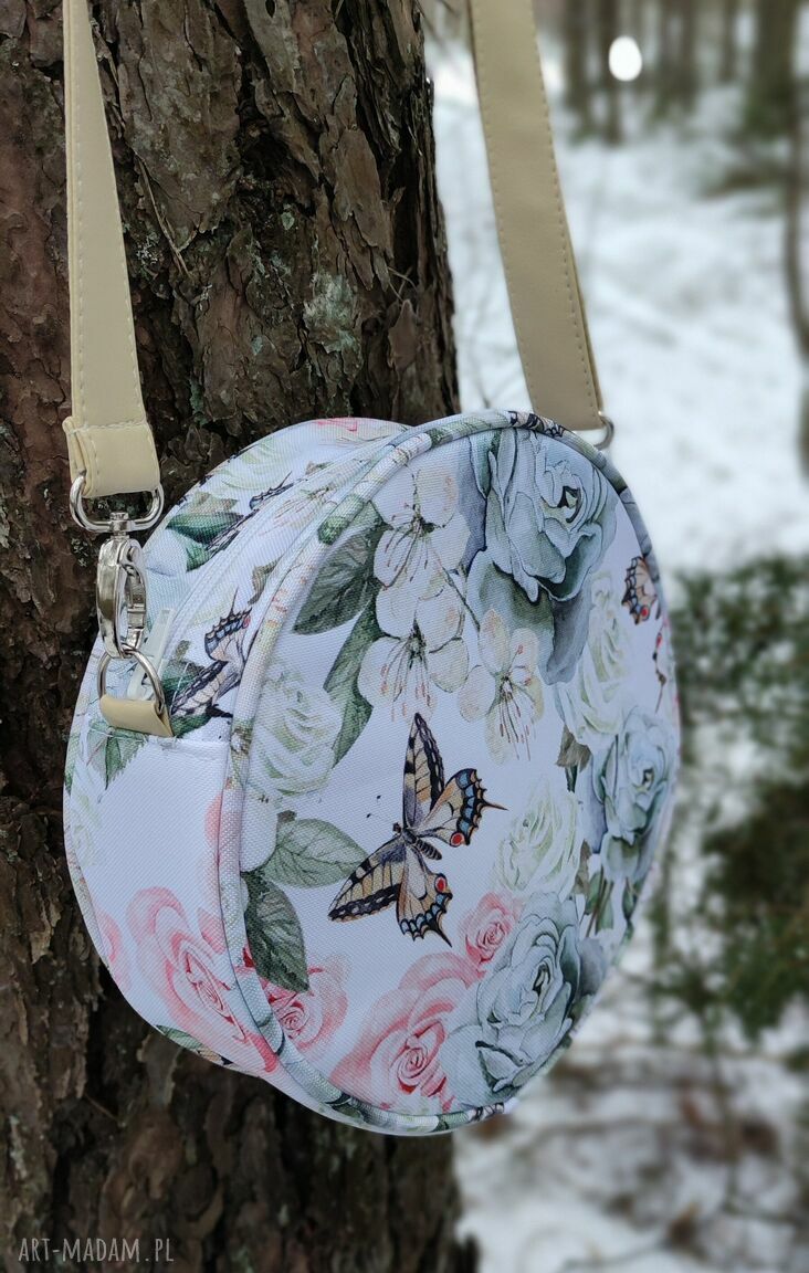 Wodoodporna torebka Round Bag „Kwiaty i Motyle” na ramię - handmade