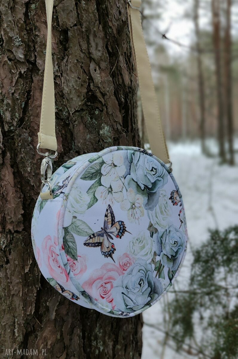 Wodoodporna torebka Round Bag „Kwiaty i Motyle” na ramię - handmade