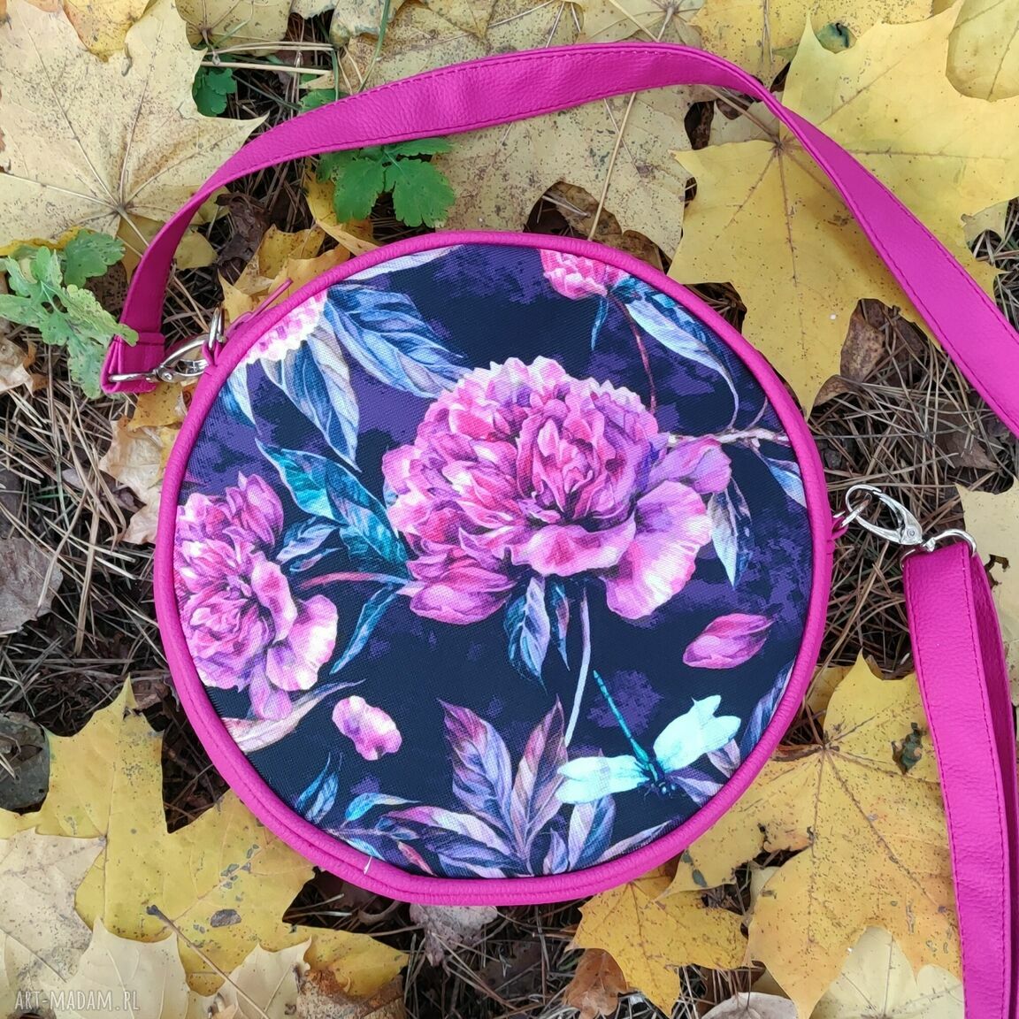 Round Bag piwonie - torebka na ramię handmade