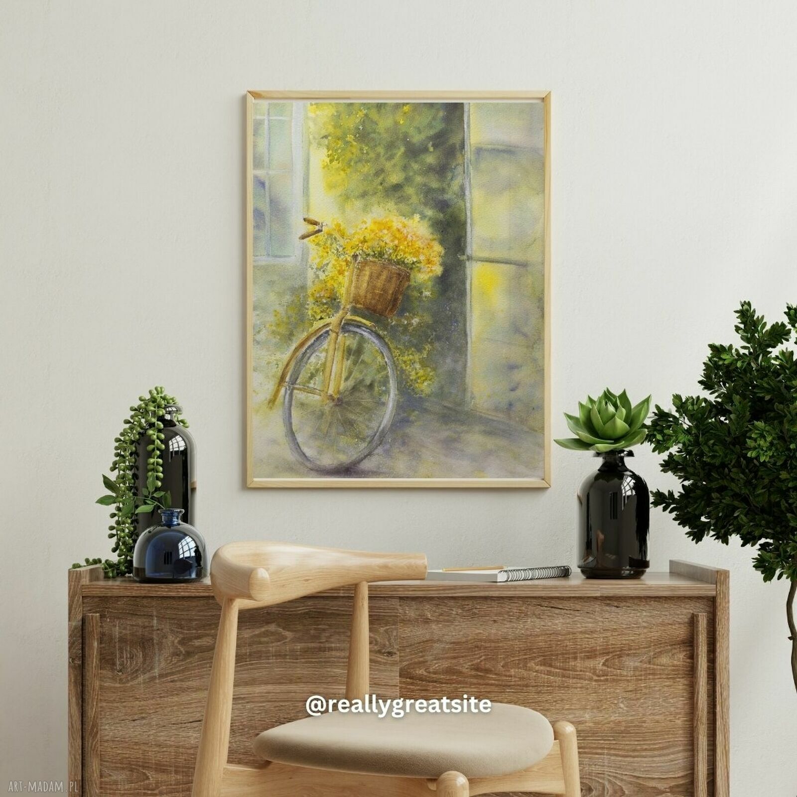 Rower z żółtymi kwiatami - akwarelowy plakat 30x40 cm