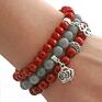 autorskie bransoletki gray agate, red crystals & pearls