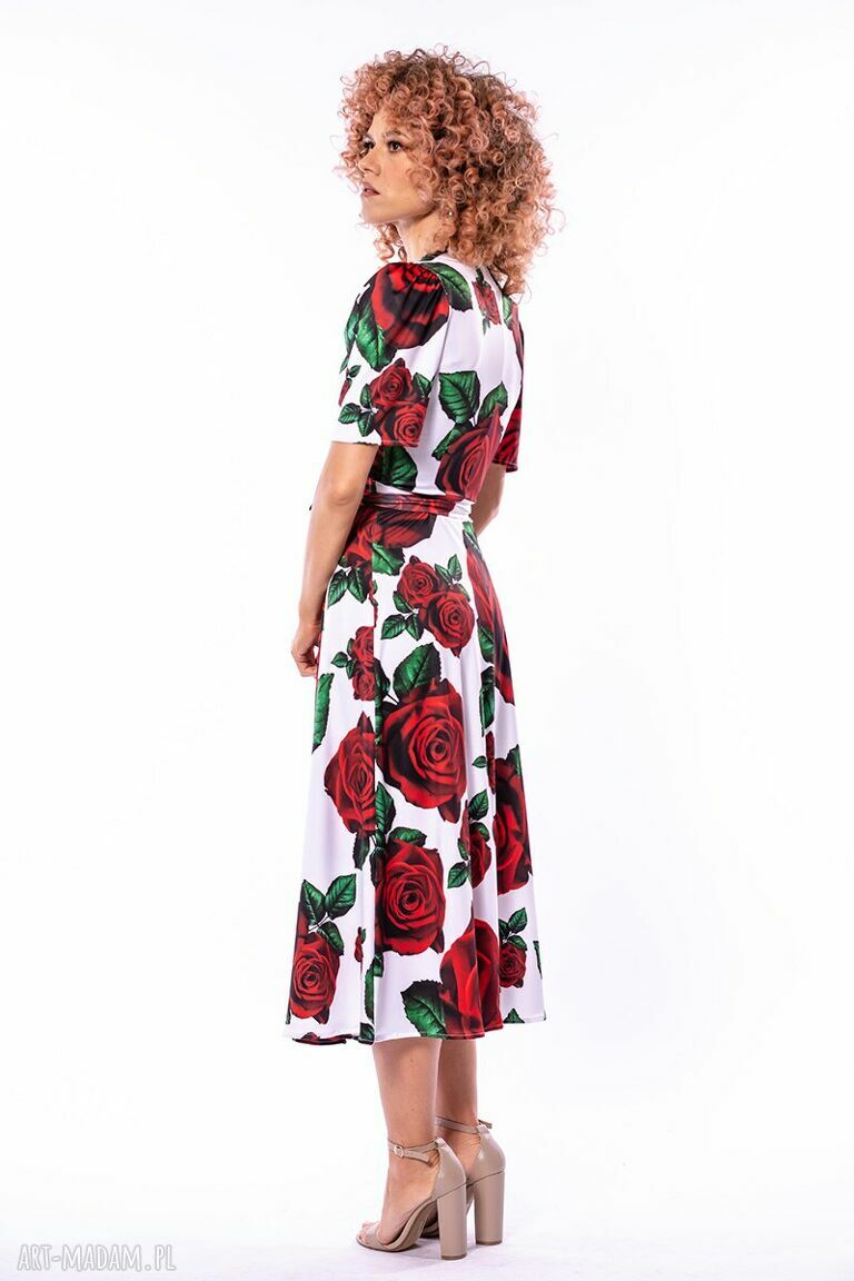 Rozalia - elegancka sukienka kopertowa w róże midaxi