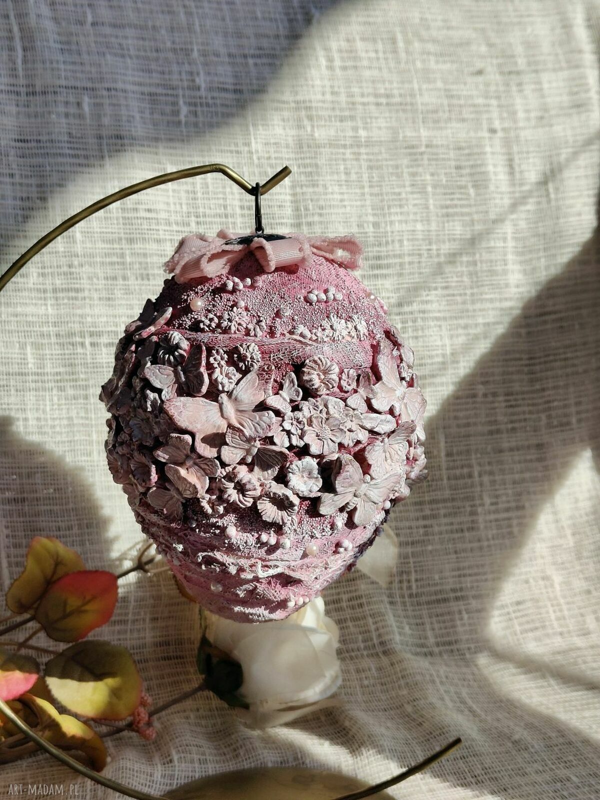 Różowa Pisanka - Motyli Ogród (dekoracja premium wielkanocna handmade)
