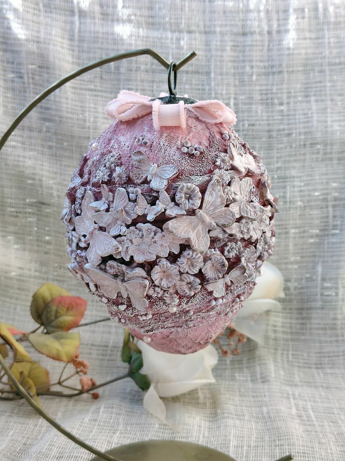 Różowa Pisanka - Motyli Ogród (dekoracja premium wielkanocna handmade)