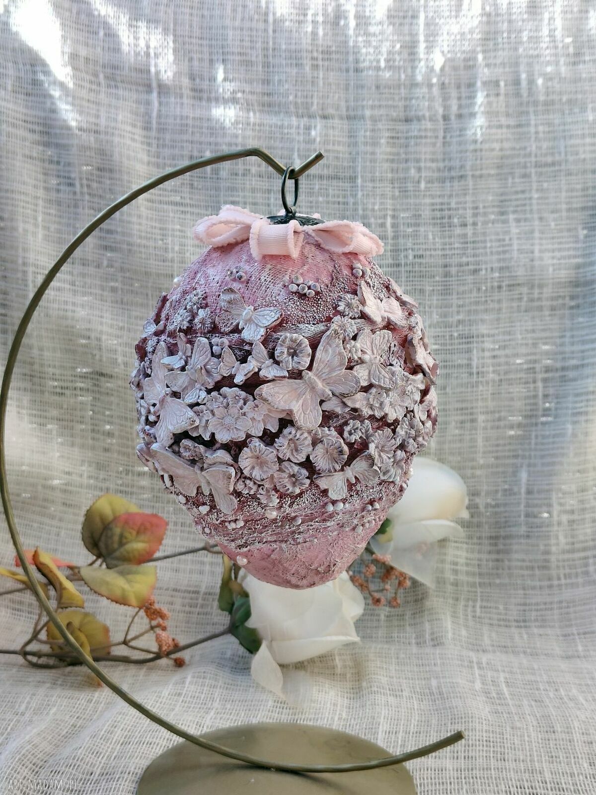 Różowa Pisanka - Motyli Ogród dekoracja premium wielkanocna handmade