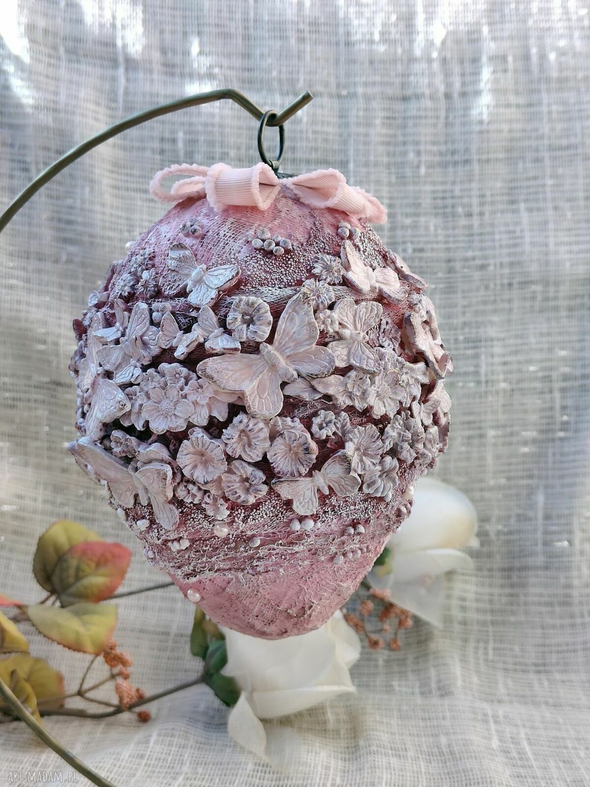 Różowa Pisanka - Motyli Ogród (dekoracja premium wielkanocna handmade)