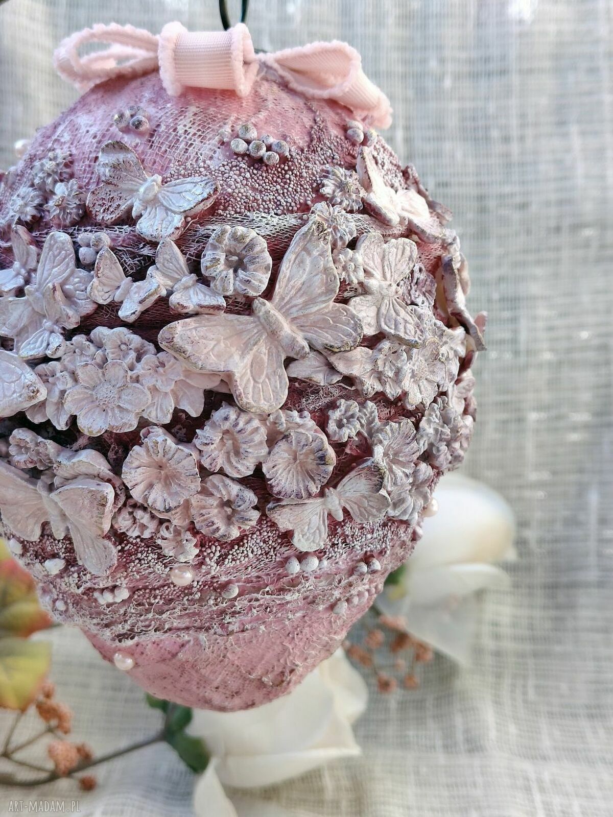 Różowa Pisanka - Motyli Ogród (dekoracja premium wielkanocna handmade)