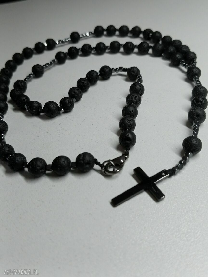 Różaniec na szyję zapinany - lawa wulkaniczna i hematyt