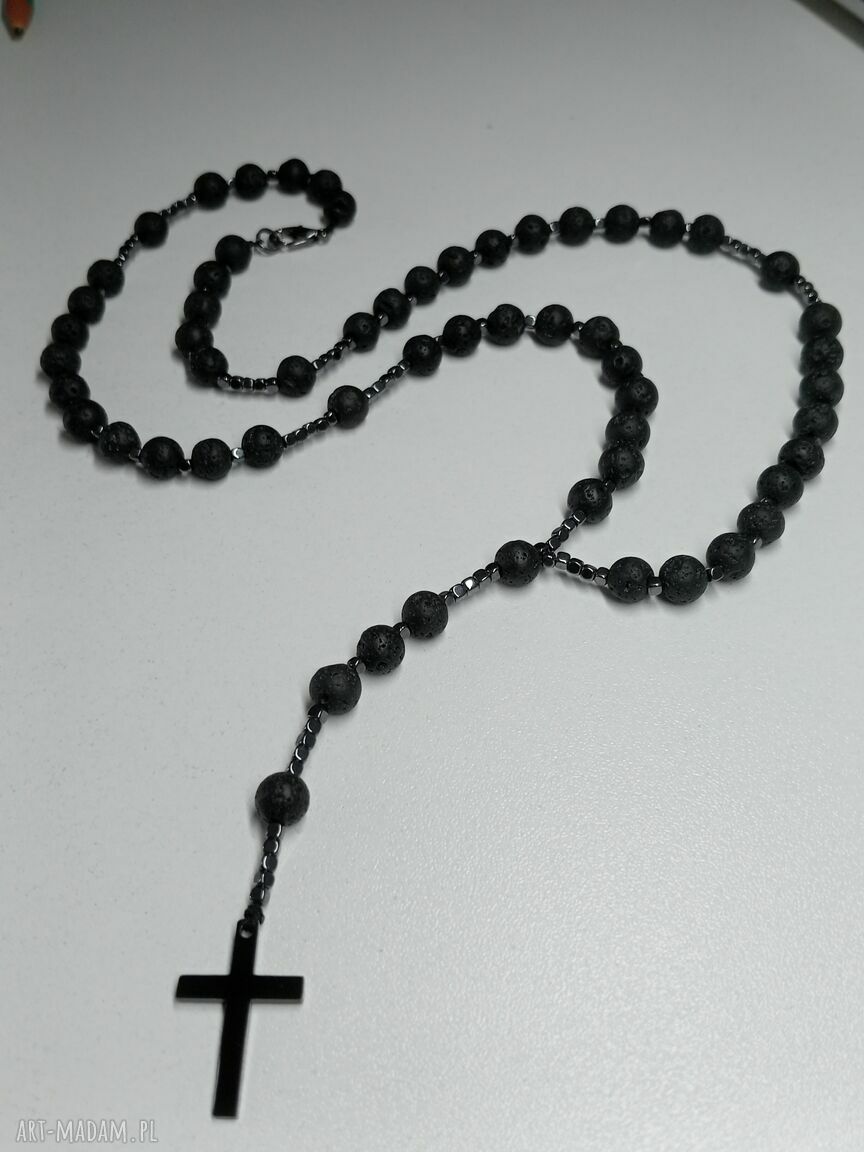 Różaniec na szyję zapinany - lawa wulkaniczna i hematyt