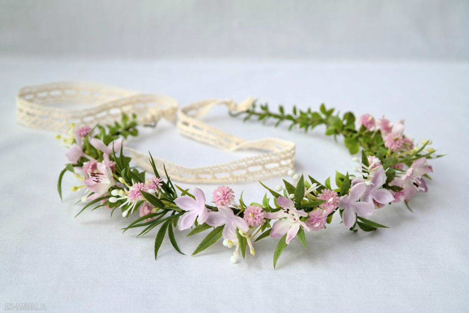 Różany poranek - romantyczny wianek handmade na głowę w pudrowym różu i ecru