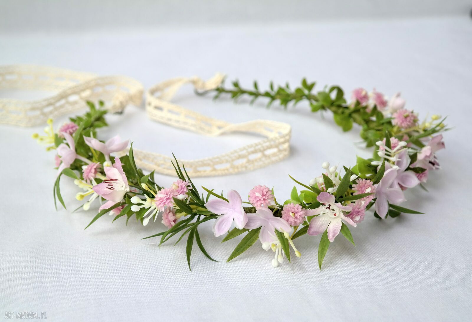 Różany poranek - romantyczny wianek handmade na głowę w pudrowym różu i ecru
