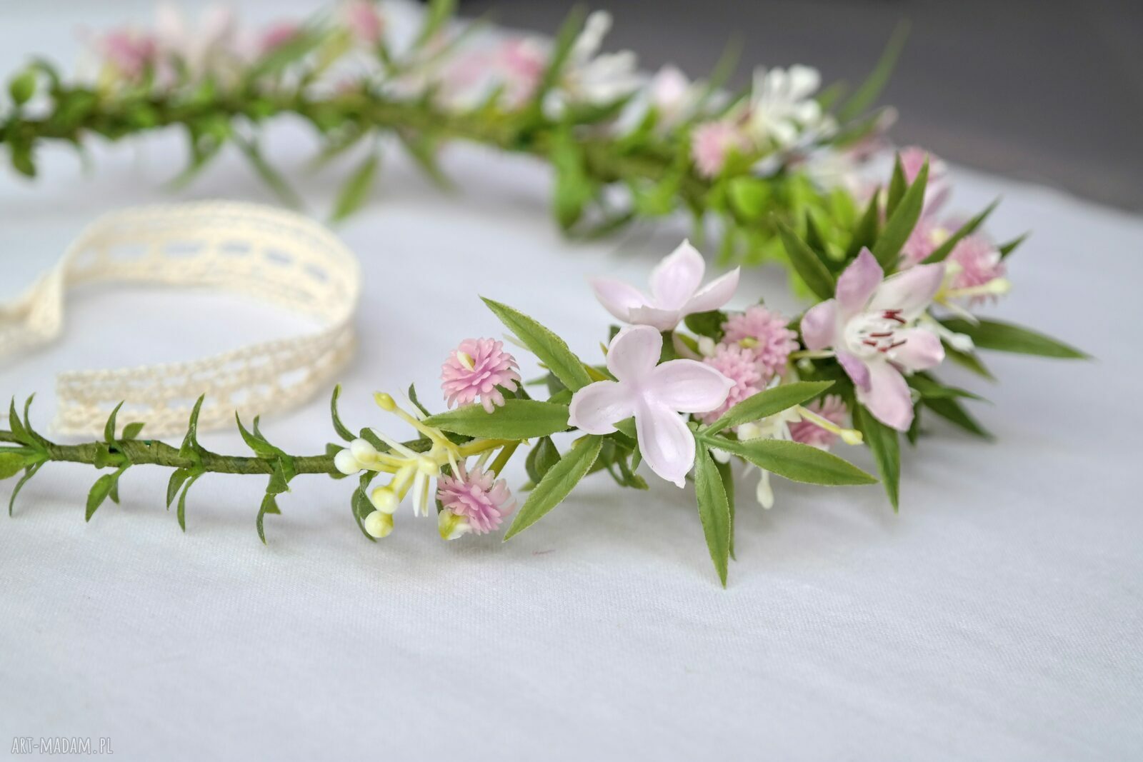 Różany poranek - romantyczny wianek handmade na głowę w pudrowym różu i ecru