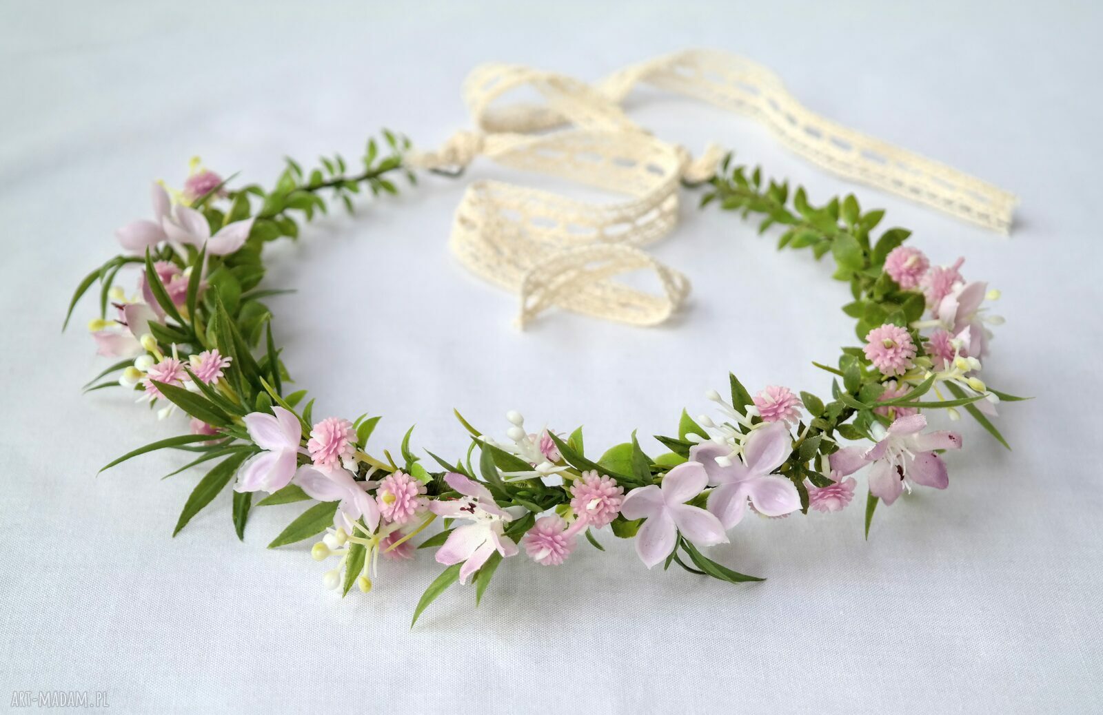 Różany poranek - romantyczny wianek handmade na głowę w pudrowym różu i ecru