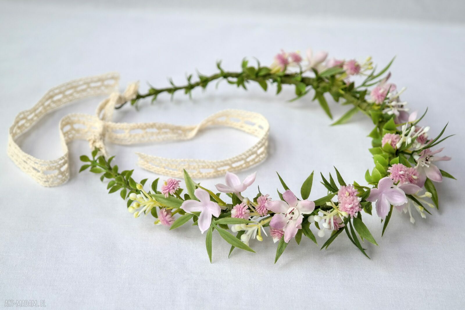 Różany poranek - romantyczny wianek handmade na głowę w pudrowym różu i ecru