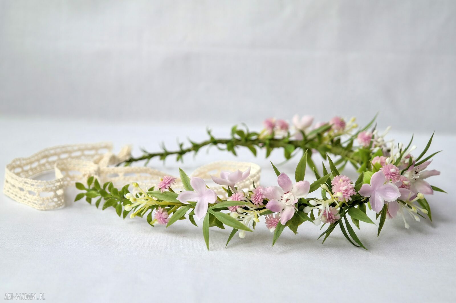 Różany poranek - romantyczny wianek handmade na głowę w pudrowym różu i ecru