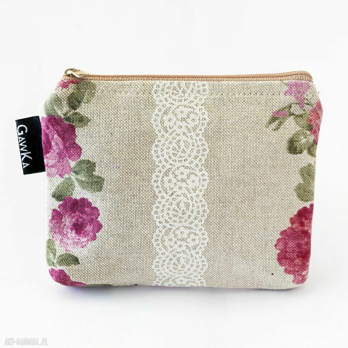 Kosmetyczka - etui „Róże” z koronką, mała kwadratowa, bawełna