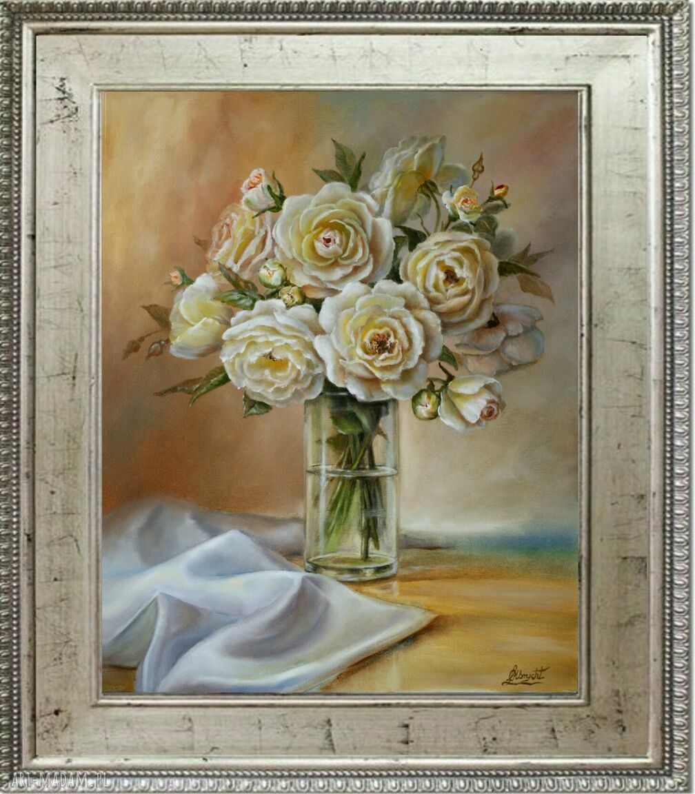 Róże w wazonie - ręcznie malowany obraz olejny Lidia Olbrycht 50x61 cm