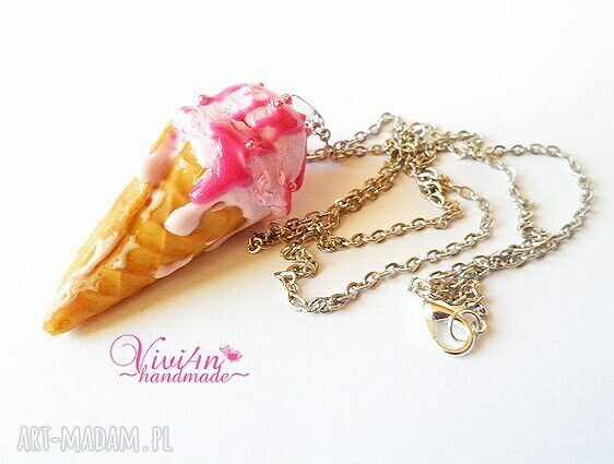 Naszyjnik Rożek Malinowy - handmade z masy FIMO na długim łańcuszku
