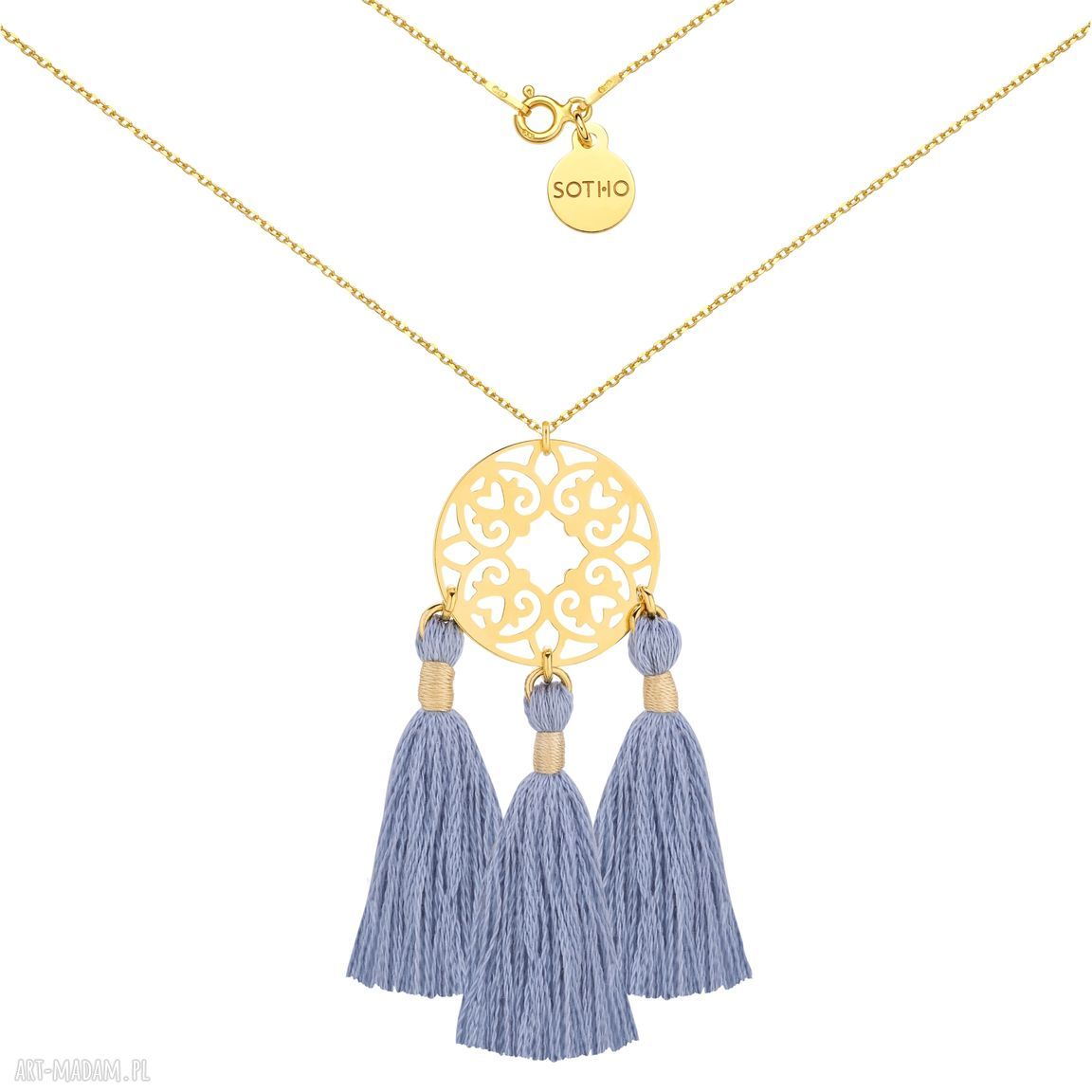 Złoty naszyjnik rozetą trzema szarymi chwostami rozetka chwosty