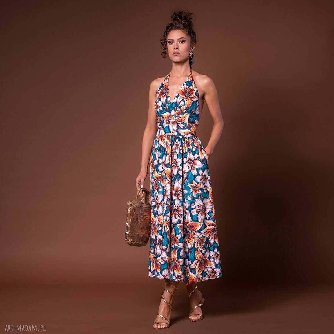 Rozkloszowana sukienka w kwiaty Queen Bee - elegancki lekki jersey z kieszeniami