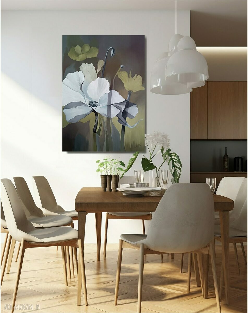 Rozkwit abstrakcji - obraz olejny z motywem kwiatów, 90 x 65 cm
