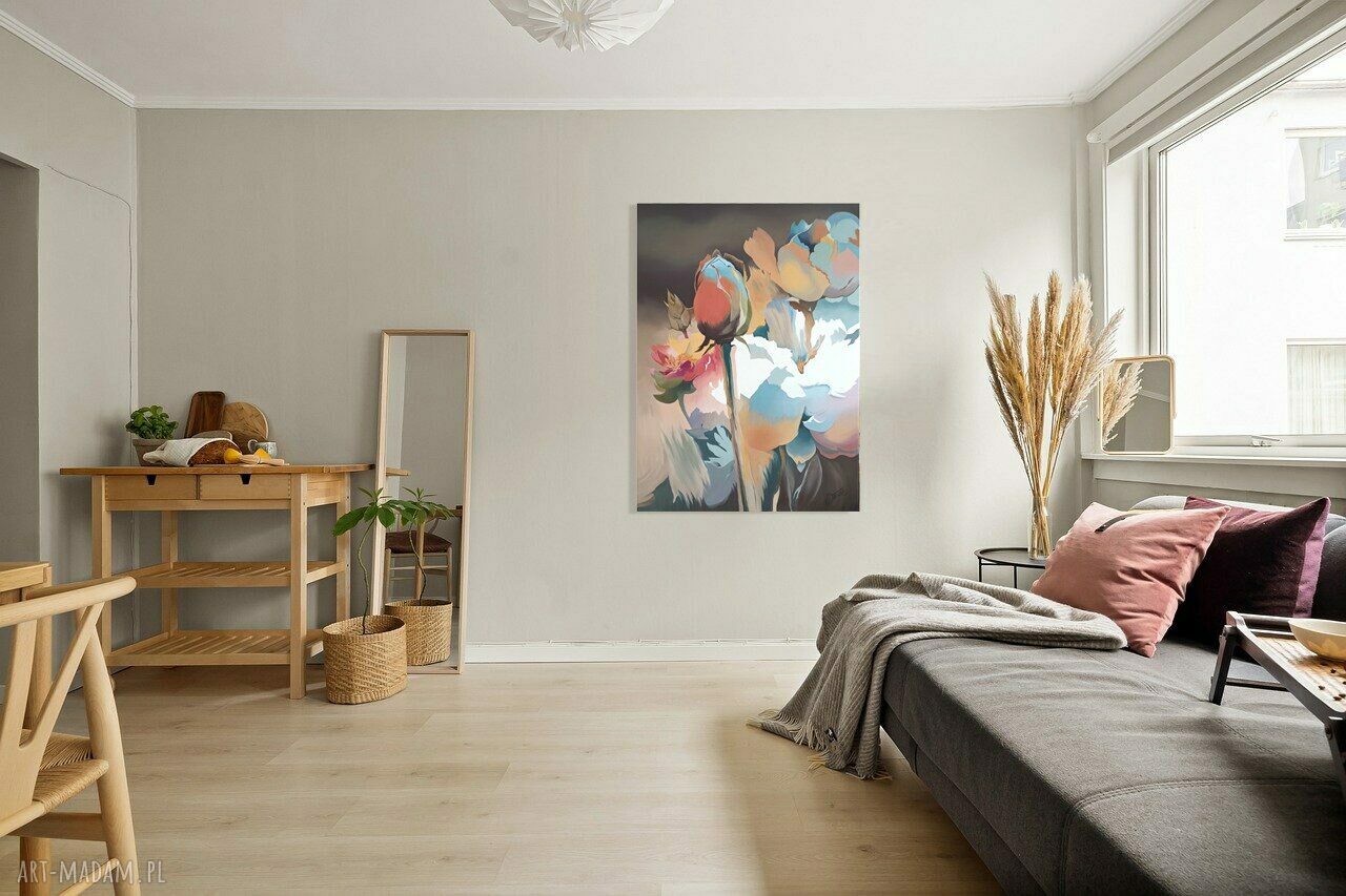 Rozkwitające refleksje - ręcznie malowany obraz olejny 97x70 cm z kwiatami