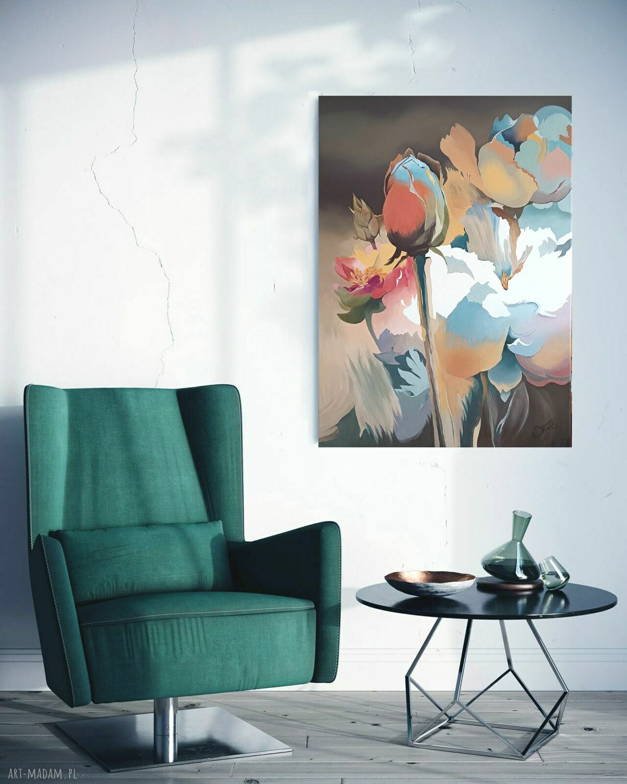 Rozkwitające refleksje - ręcznie malowany obraz olejny 97x70 cm z kwiatami