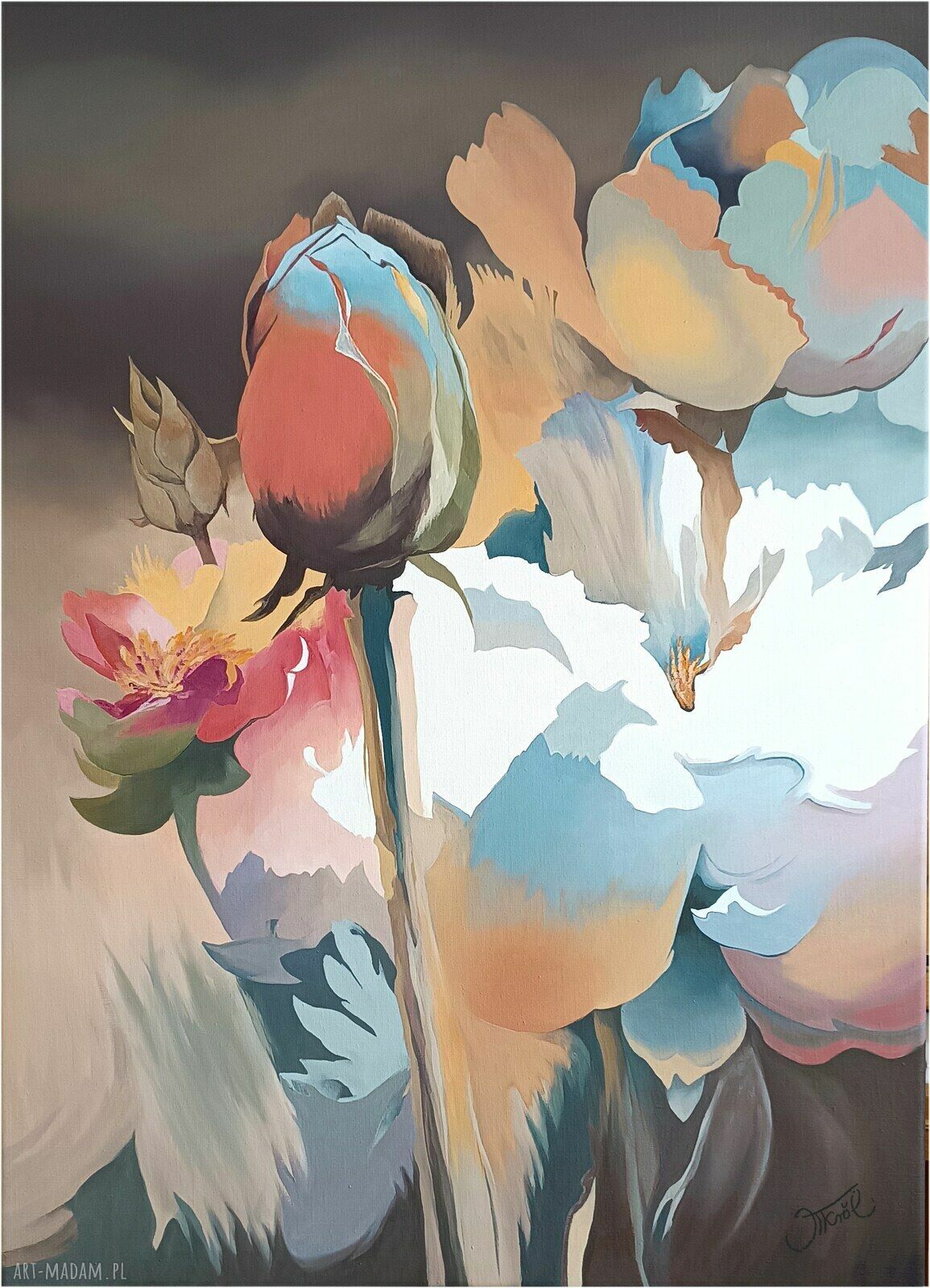 Rozkwitające refleksje - ręcznie malowany obraz olejny 97x70 cm z kwiatami