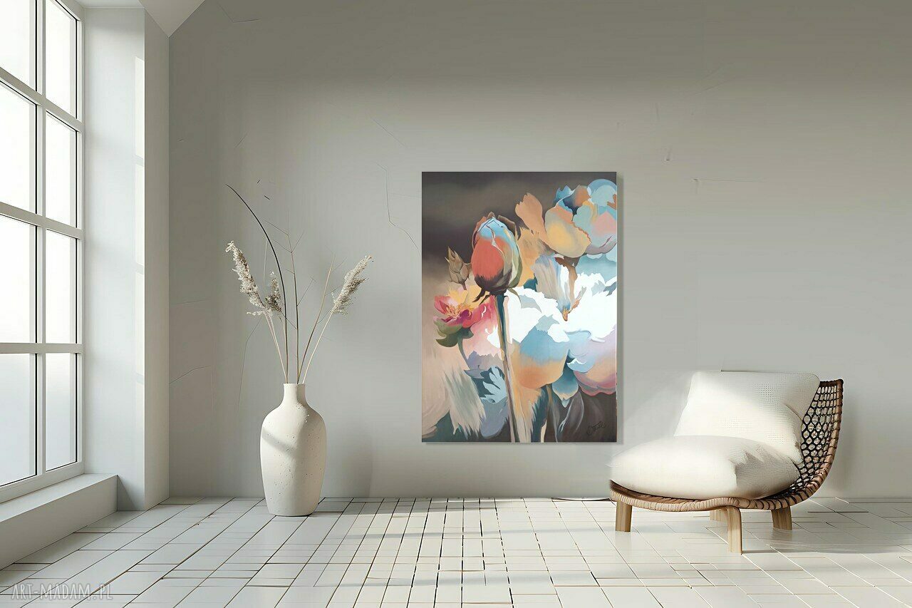Rozkwitające refleksje - ręcznie malowany obraz olejny 97x70 cm z kwiatami