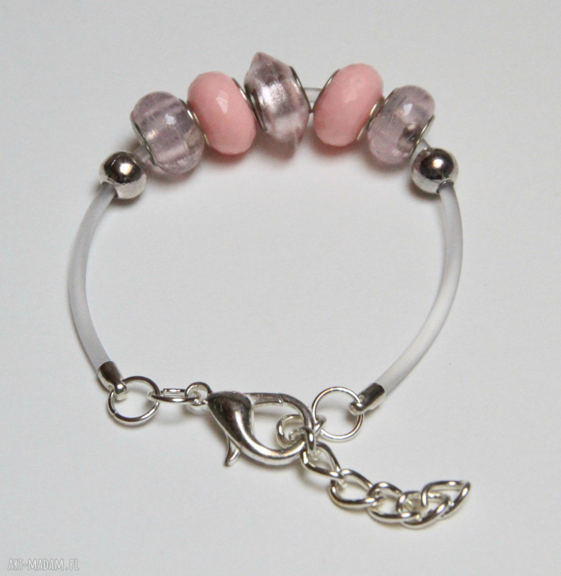 Różowa bransoletka handmade z transparentnej linki kauczukowej i koralikami ze szkła Murano