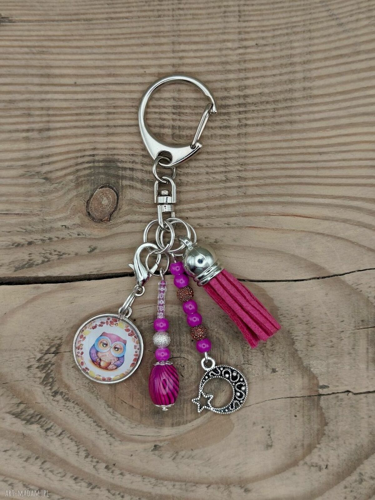 Różowy brelok z sową i księżycem - handmade do kluczy i torebki