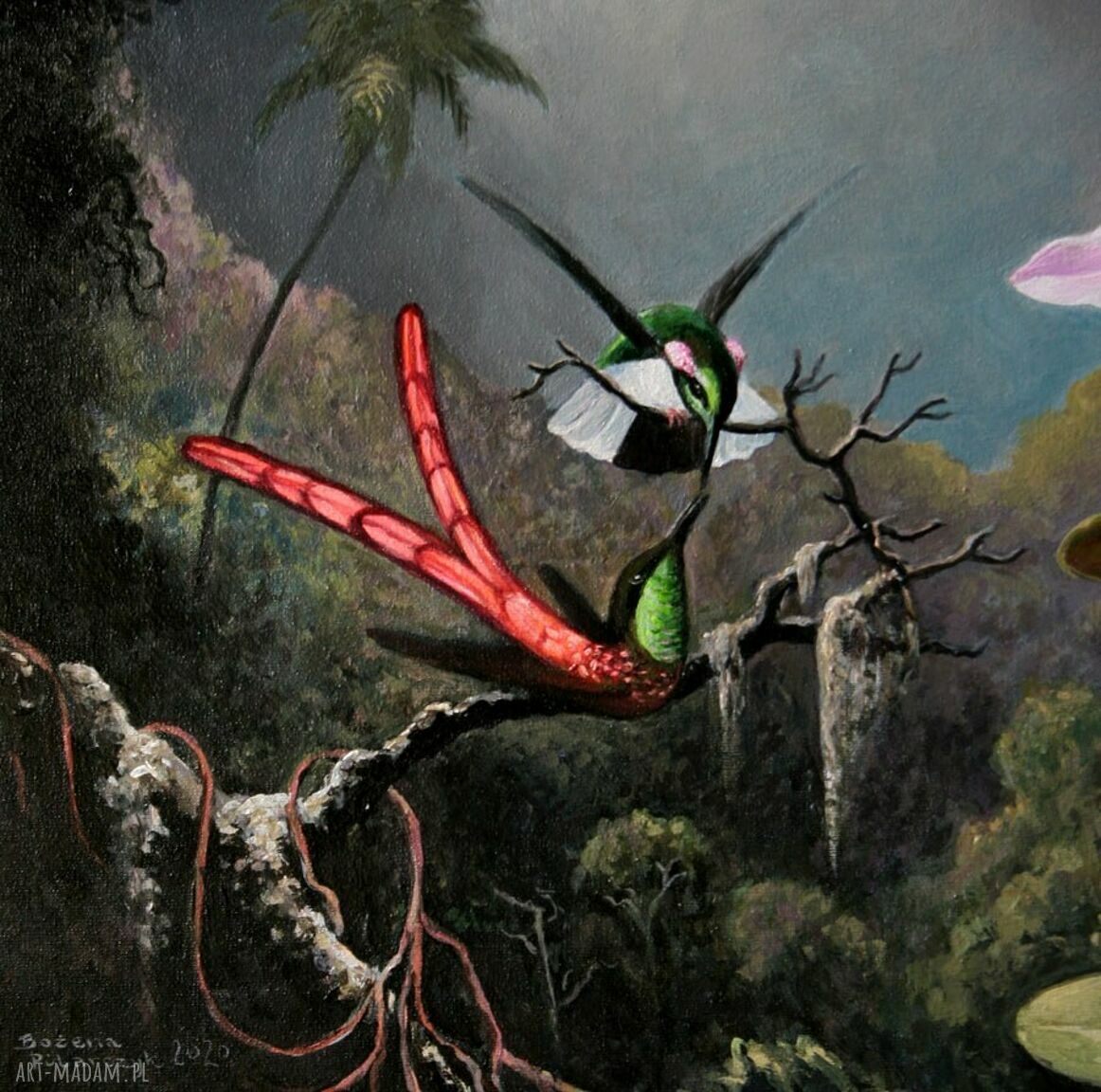 Różowa orchidea i rajska para - obraz na płótnie 50x60 cm