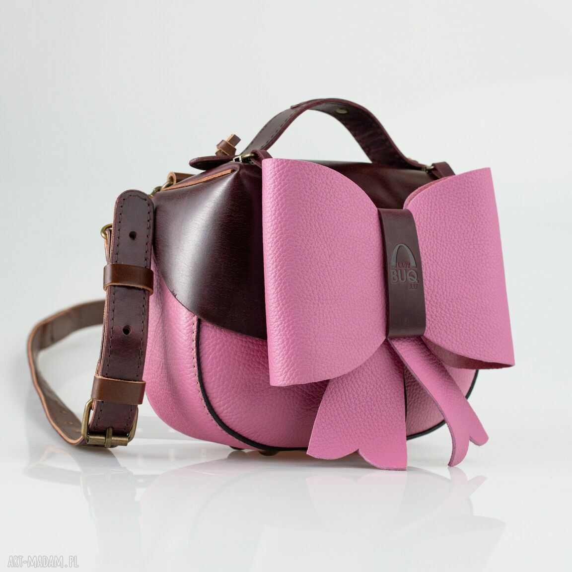 Różowa mini torebka skórzana Kaya z odpinaną kokardą - Ladybuq Art Studio