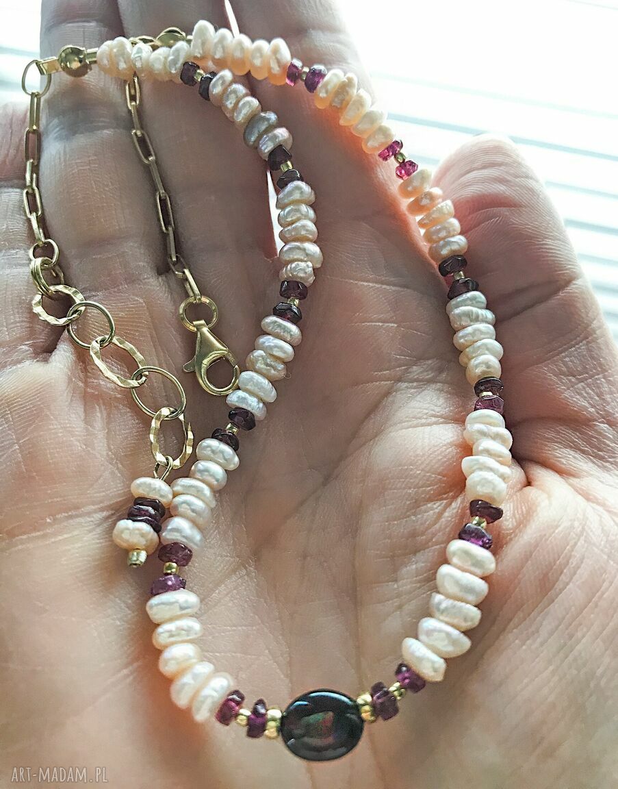 Naszyjnik choker z różowych pereł naturalnych i srebra 925 złoconego 24k