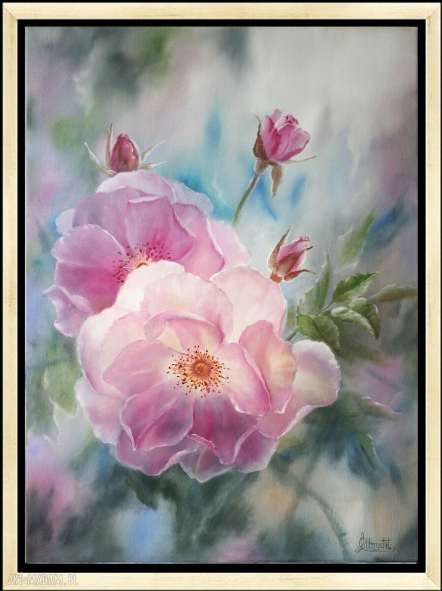 Różowe róże - ręcznie malowany obraz olejny na płótnie 70x50 cm