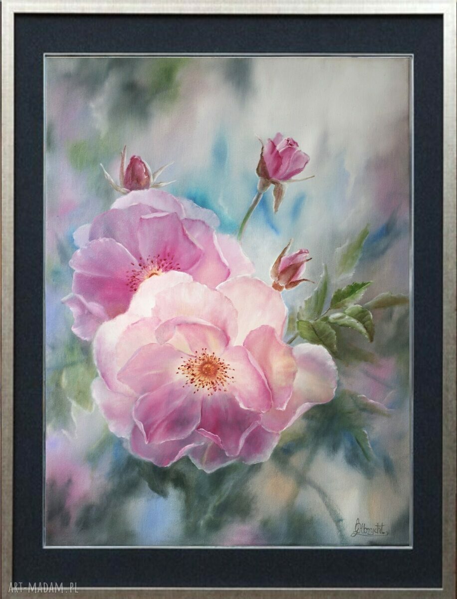 Różowe róże - ręcznie malowany obraz olejny na płótnie 70x50 cm