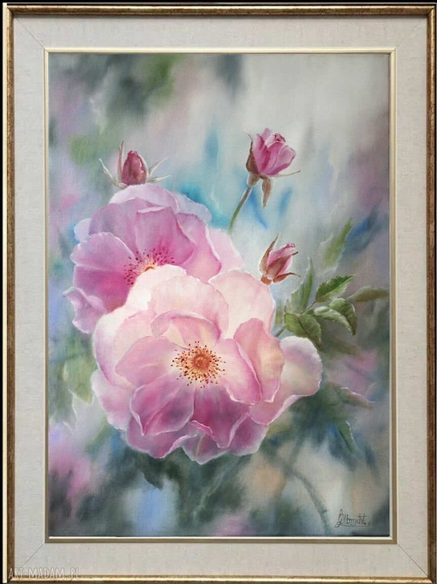 Różowe róże - ręcznie malowany obraz olejny na płótnie 70x50 cm