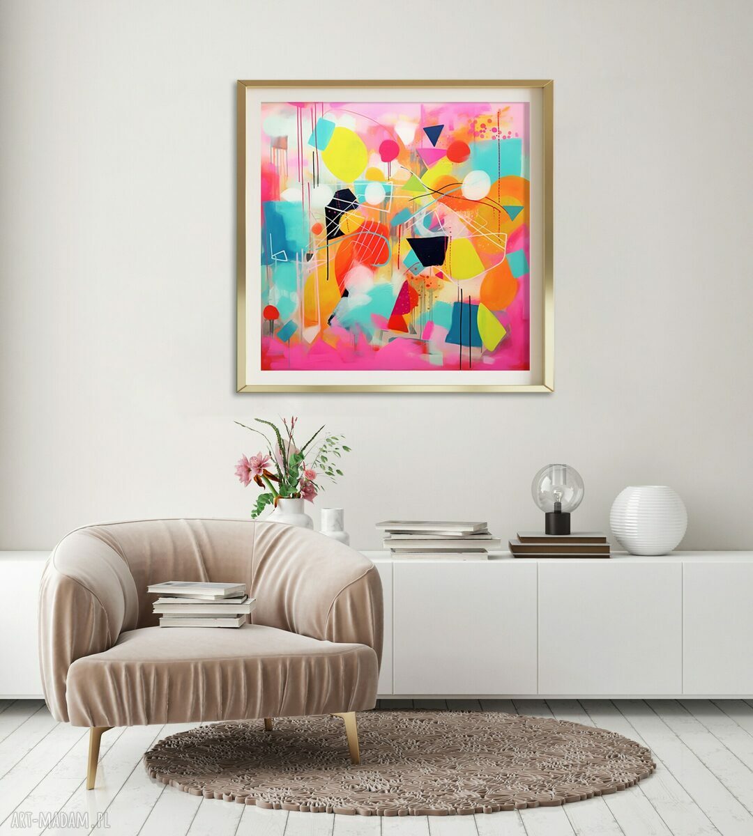 Różowy abstrakcyjny obraz - geometryczna abstrakcja 50x50 cm (wydruk artystyczny)