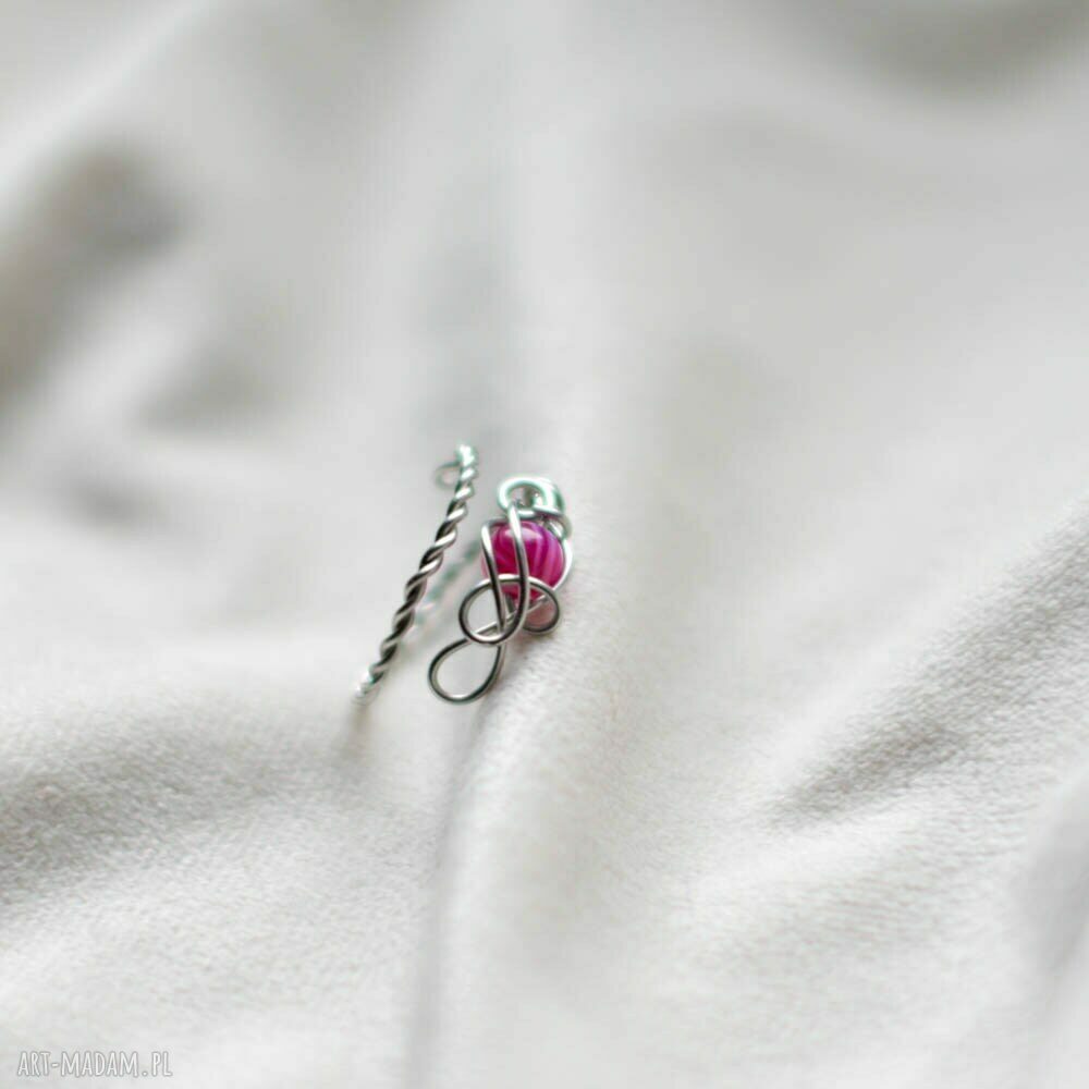 Różowy agat - pierścionek ze stali chirurgicznej Wire Wrapping
