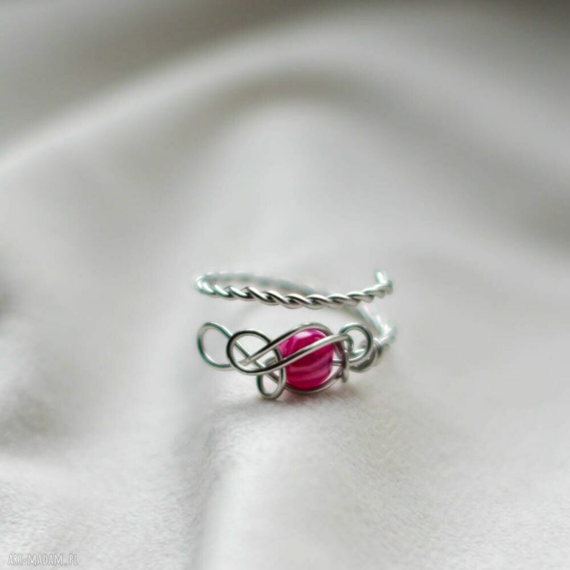 Różowy agat - pierścionek ze stali chirurgicznej Wire Wrapping
