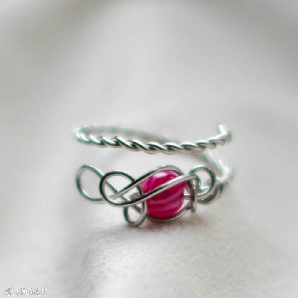 Różowy agat - pierścionek ze stali chirurgicznej Wire Wrapping