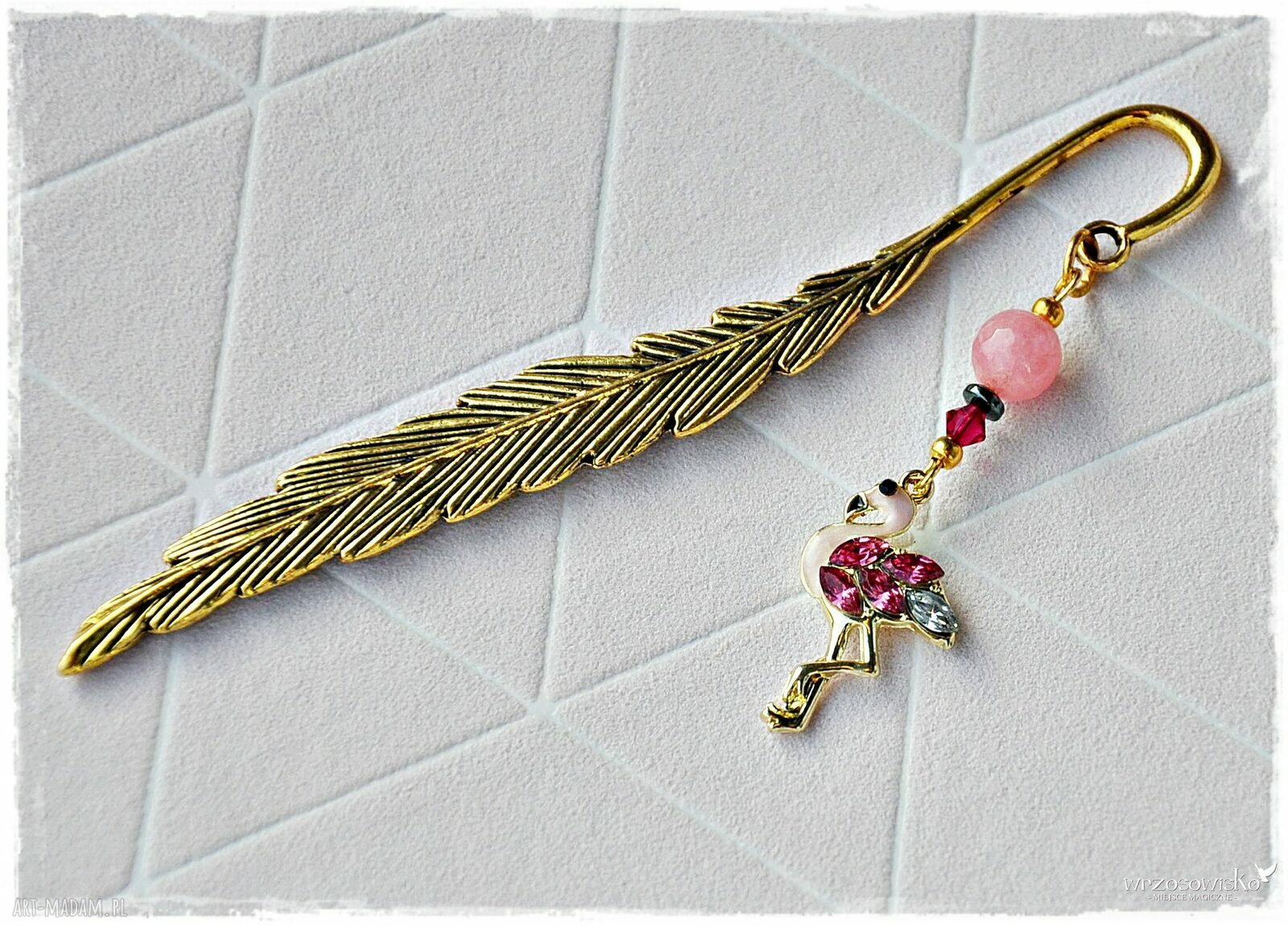Różowy flaming ekstrawagancka zakładka do książki z jadeitem i Swarovskim (12 cm)