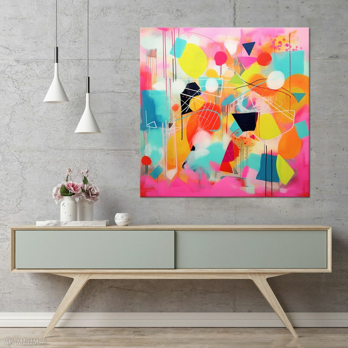 Różowy abstrakcyjny obraz - geometryczna abstrakcja 50x50 cm (wydruk artystyczny)