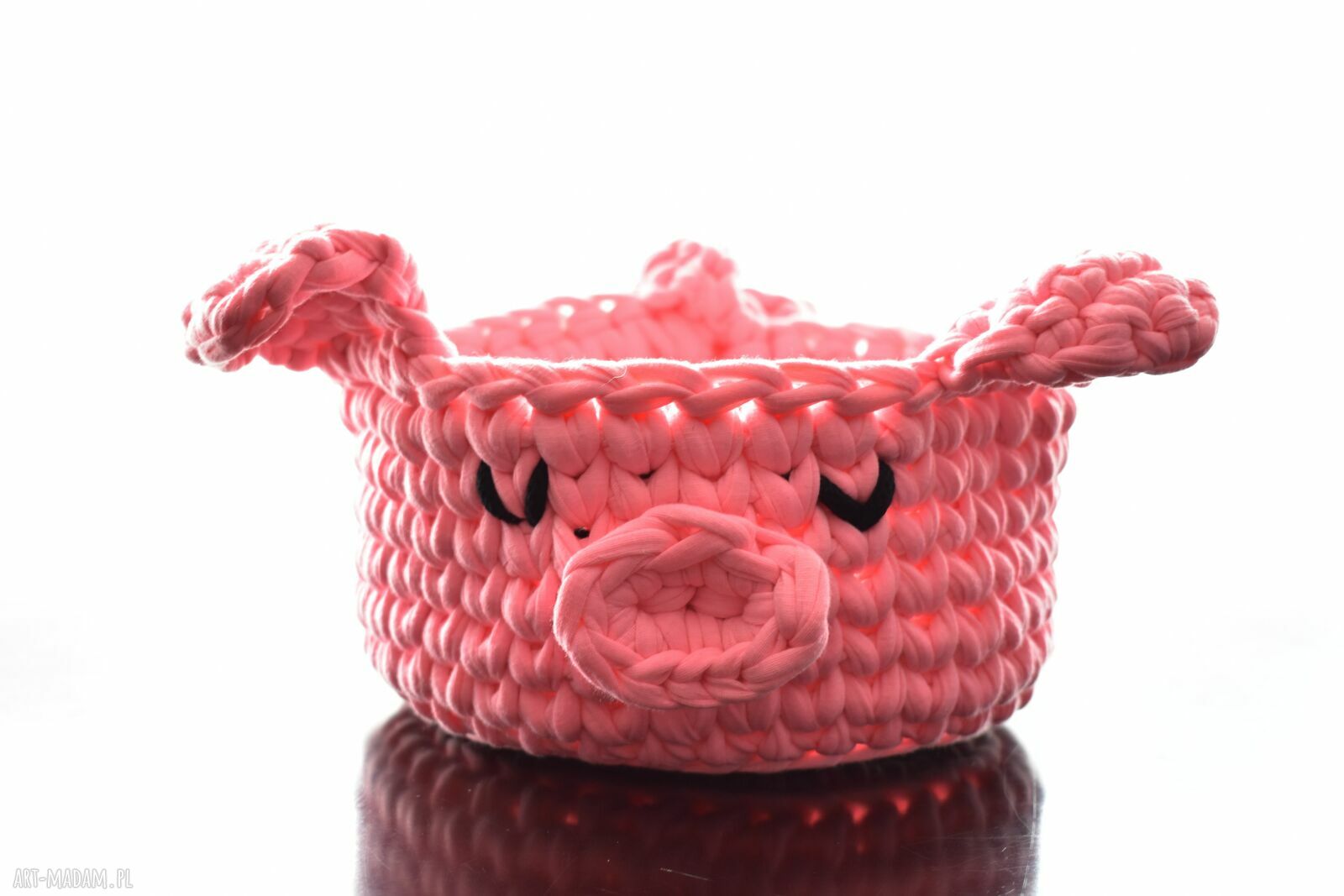 Różowy koszyczek ze sznurka Świnka - handmade dla dziecka i na prezent