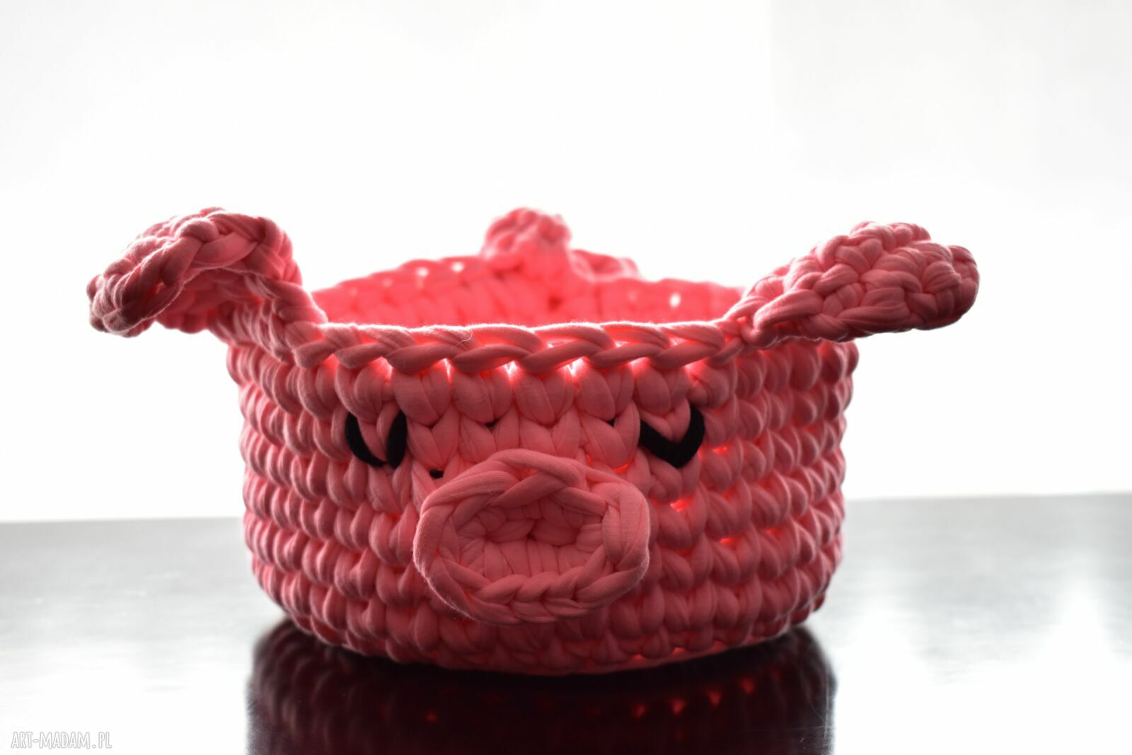 Różowy koszyczek ze sznurka Świnka - handmade dla dziecka i na prezent
