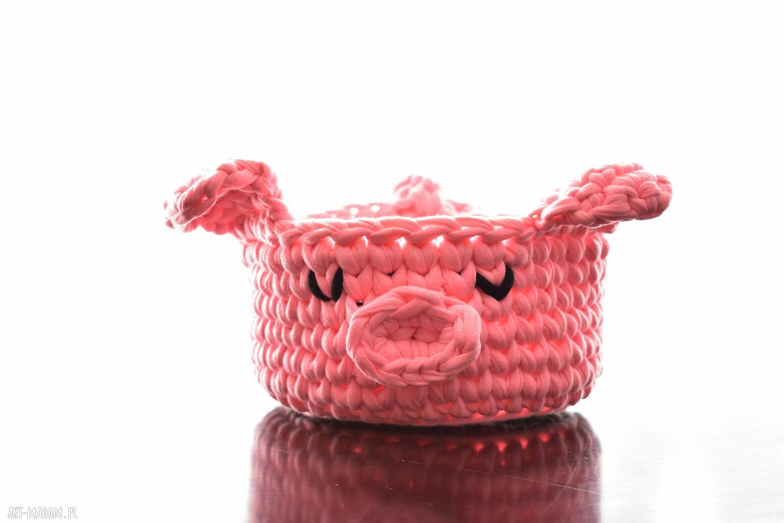 Różowy koszyczek ze sznurka Świnka - handmade dla dziecka i na prezent