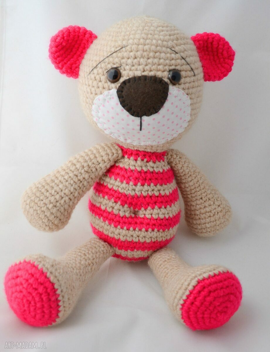 Różowy Miś Stefan - szydełkowa maskotka na urodziny, ok. 38 cm